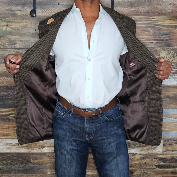 Vintage Evan Picone Wool Blend Brown Geometric Elbow Patches Blazer Jacket 41R - Picture 7 of 10